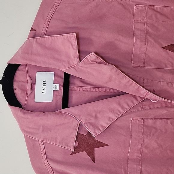 Pistola Grover short sleeve utility jumpsuit flamingo pink color star print Sz L - Picture 8 of 16